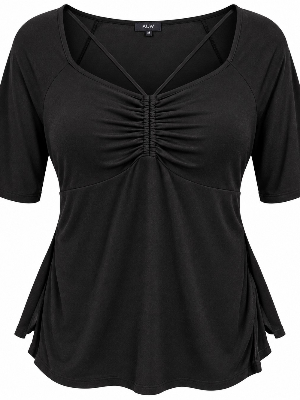 Chic Ruched Cross-Strap Black Top — Size Large - Picture 2 of 2